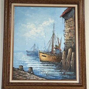 Vintage attributed to Florence Wilkins Signed Boat Harbor Impressionist Painting